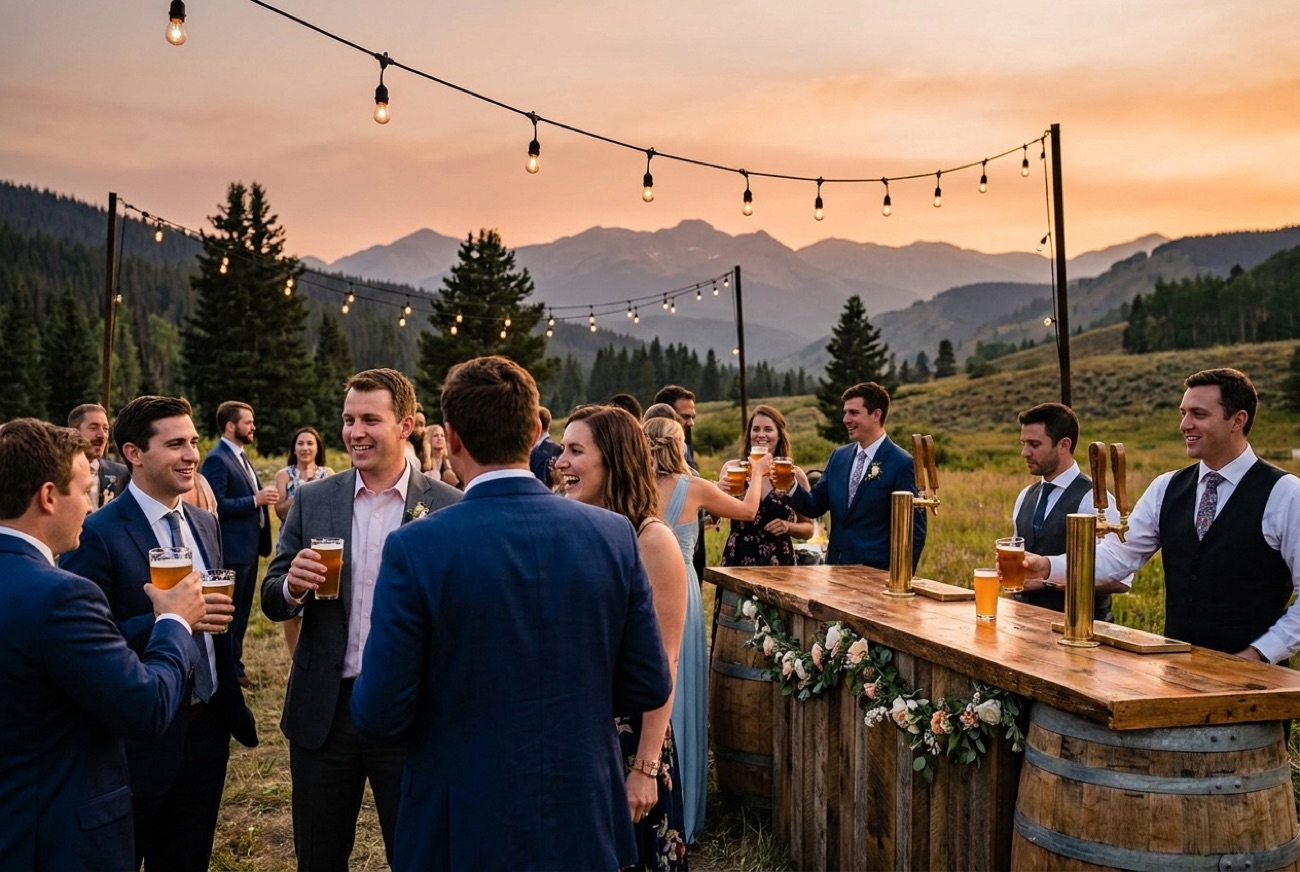 Bar à bière de mariage au coucher du soleil