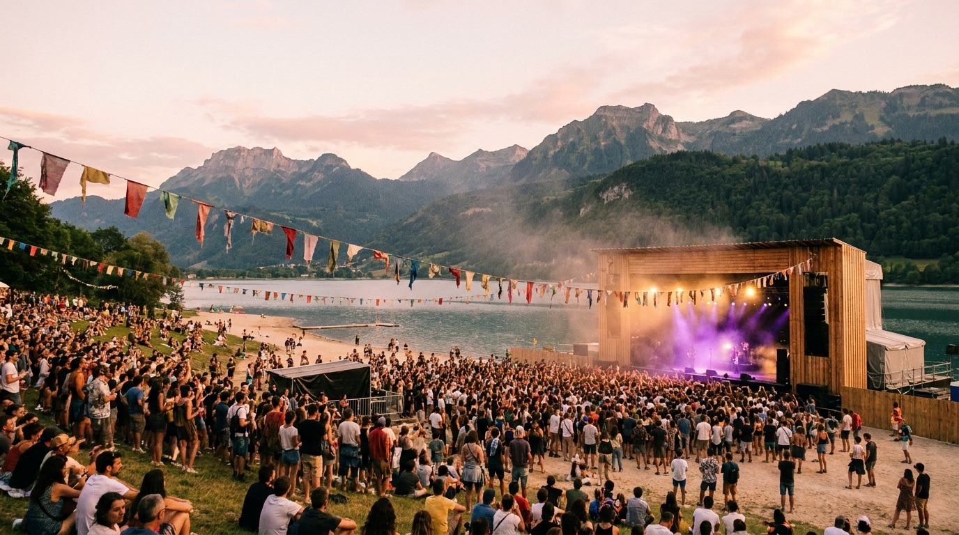 Concert au bord du lac lors du festival Ours en Scène, au crépuscule