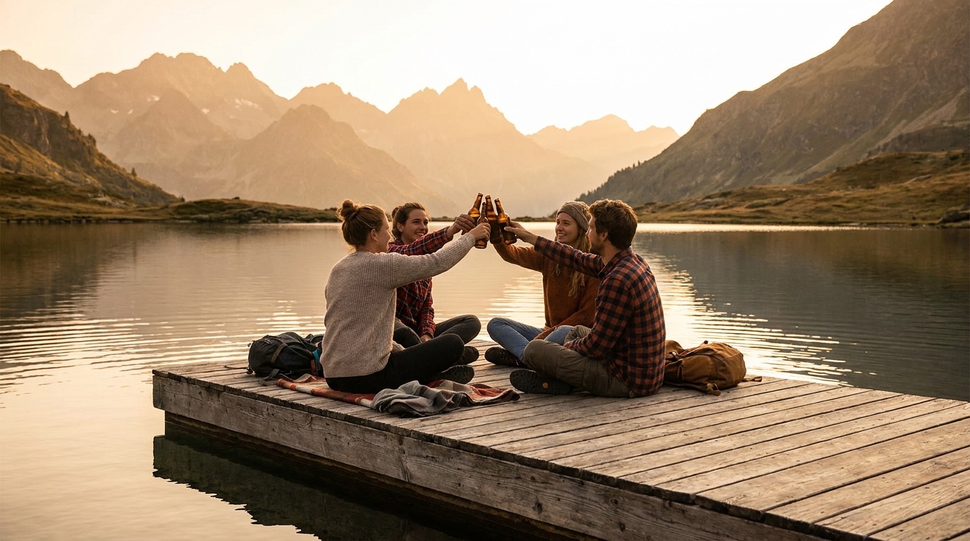 Apéro entre amis au bord d’un lac des Alpes