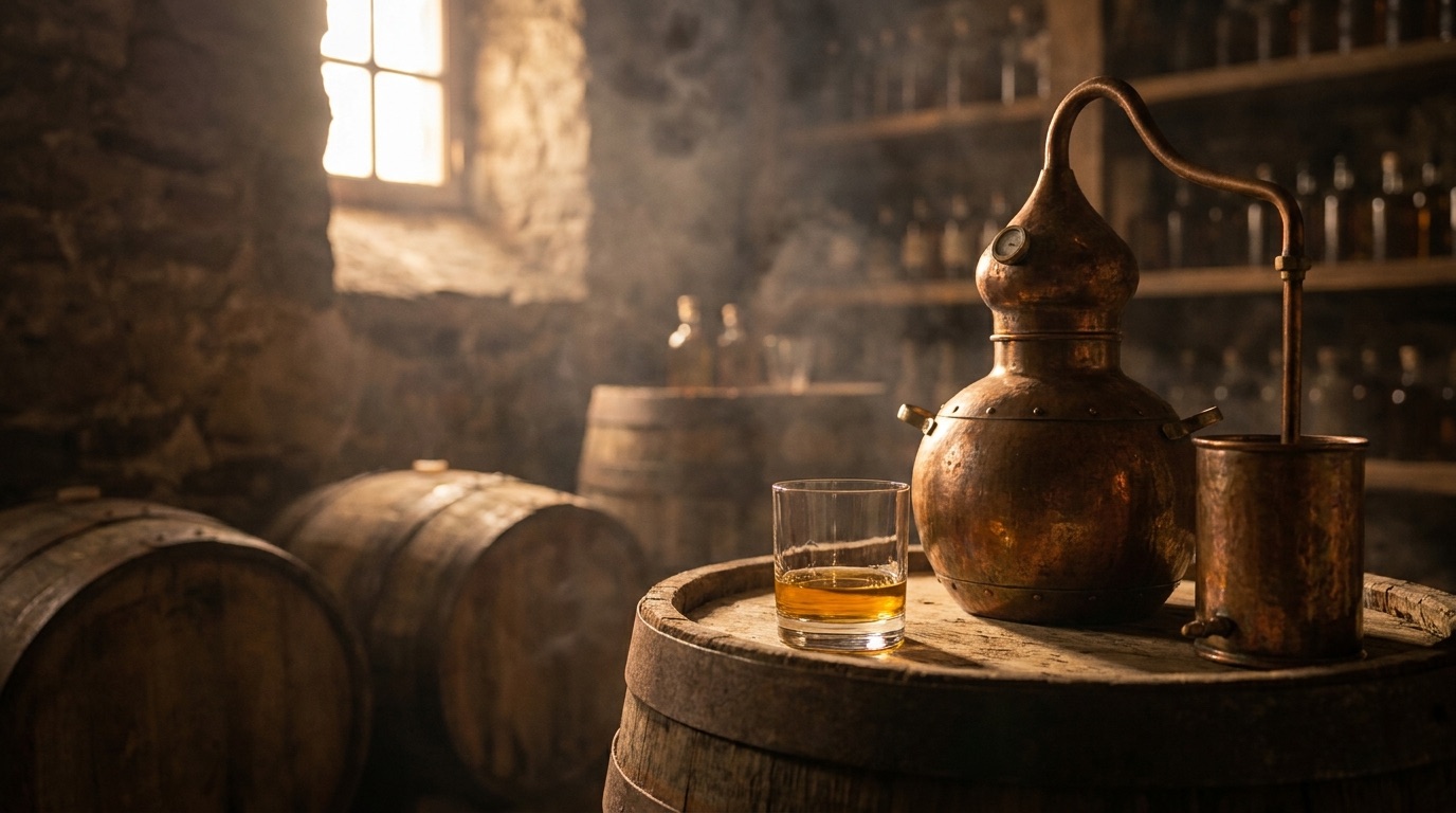 Verre de whisky et alambic dans un chai alpin